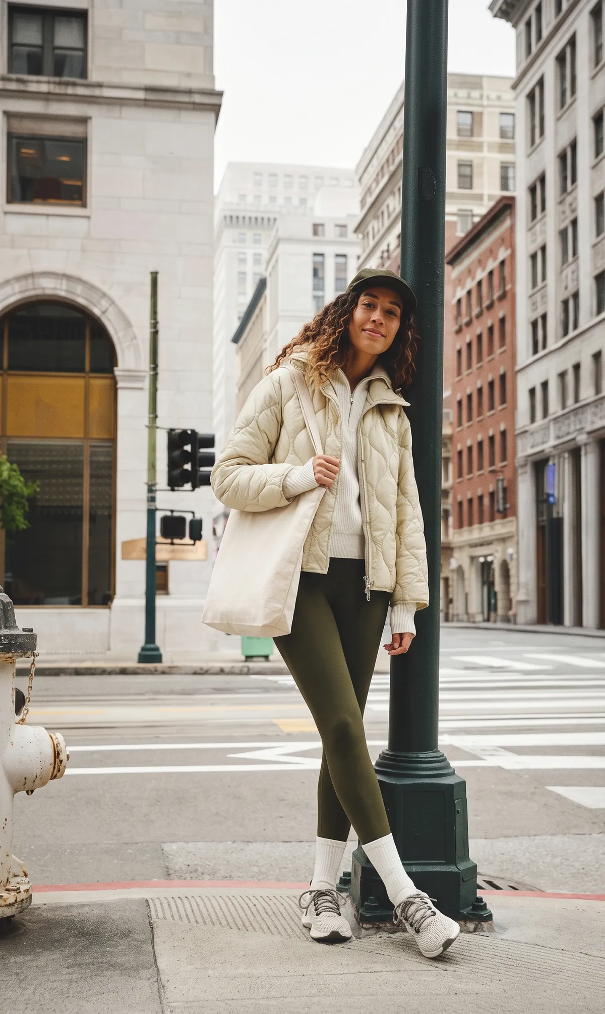 Woman leaning on a street lamp with a canvas tote on her shoulder