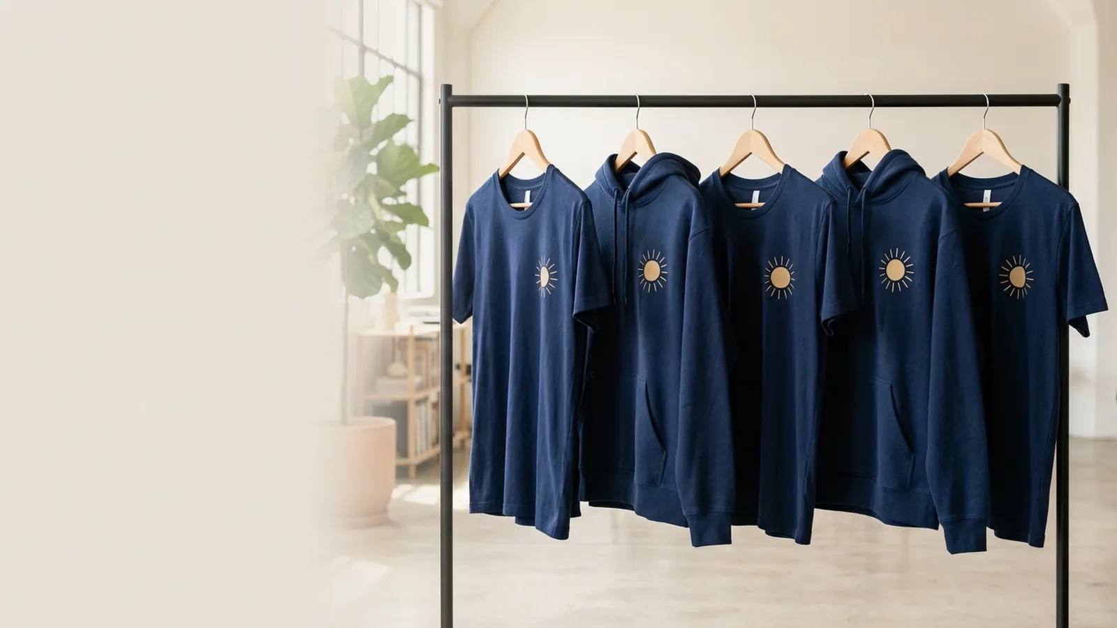 Navy printed T-shirts and hoodies on a clothing rail