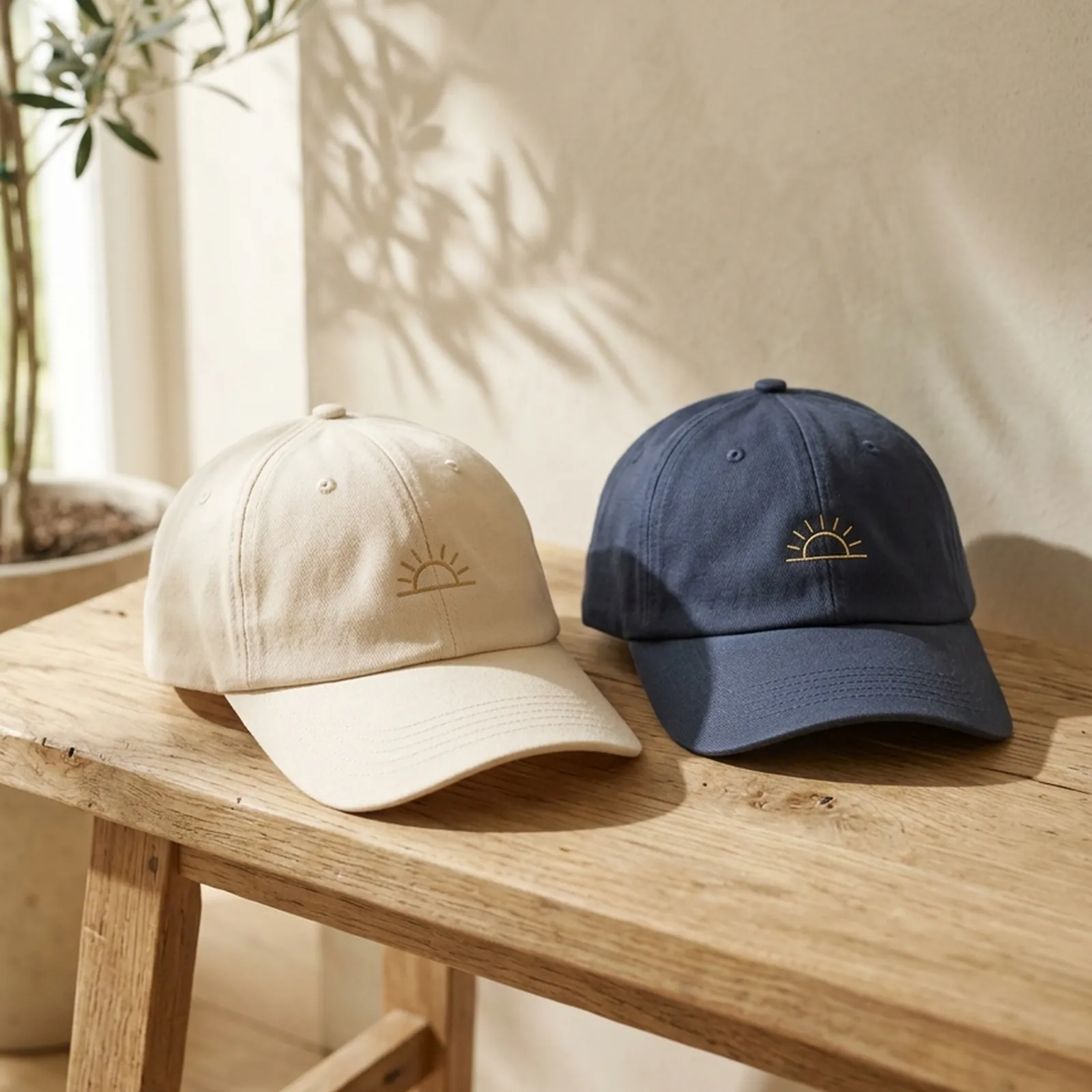 Printed caps on a bench