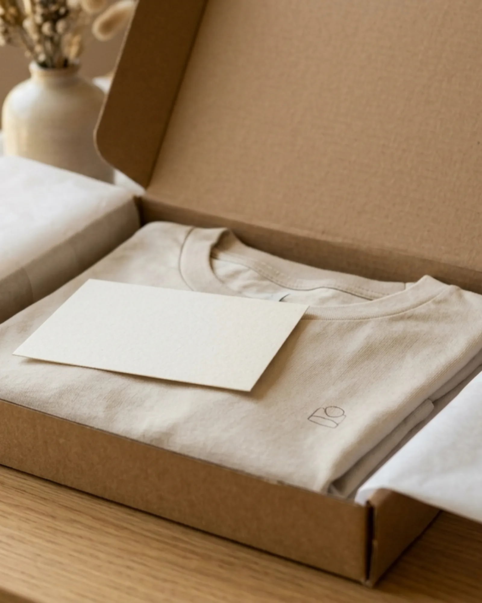 Hands opening a mailer box with a printed T-shirt