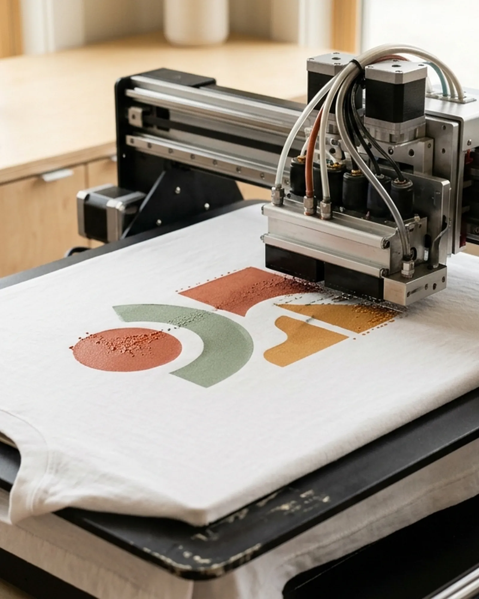 A textile printer printing onto a T-shirt